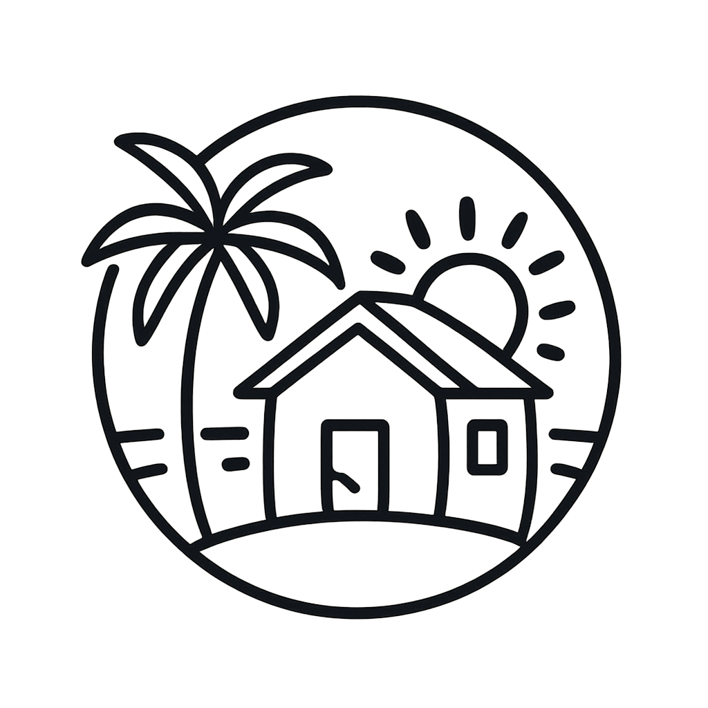 A stylized line drawing of a tropical island, featuring a palm tree waving in the wind, a house with a peaked roof, and a ...