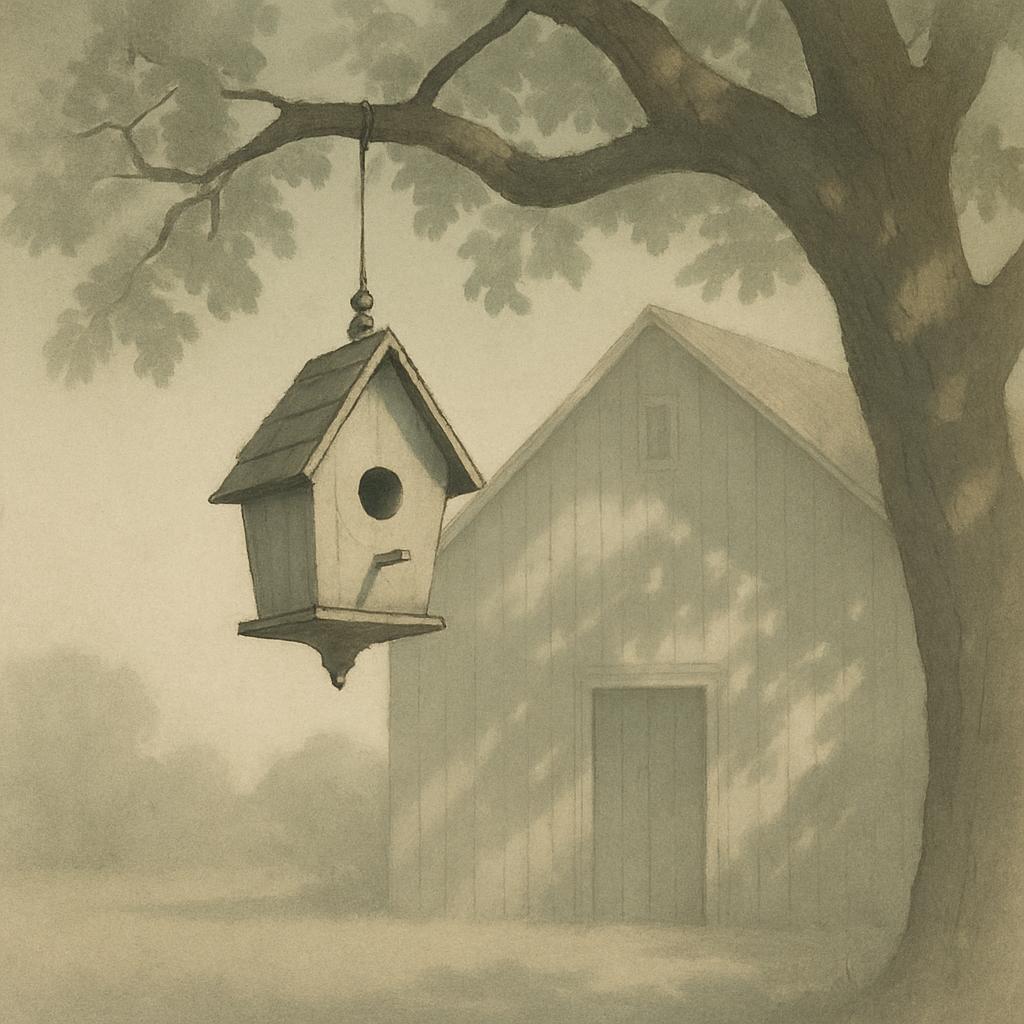 Dark antique green barn surrounded by a large tree with a hanging birdhouse. The atmosphere suggests a quiet, serene rural...