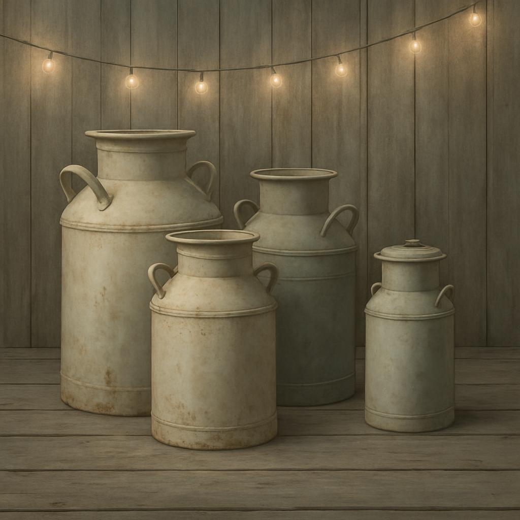 A group of four white, vintage-style milk churns standing on a bathroom floor surrounded by string lights.