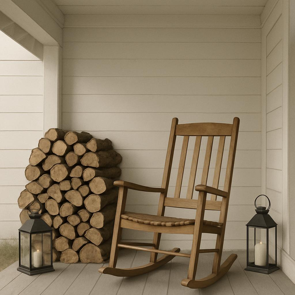 A rustic room with a wooden rocking chair, a stack of logs and two lanterns with candles.